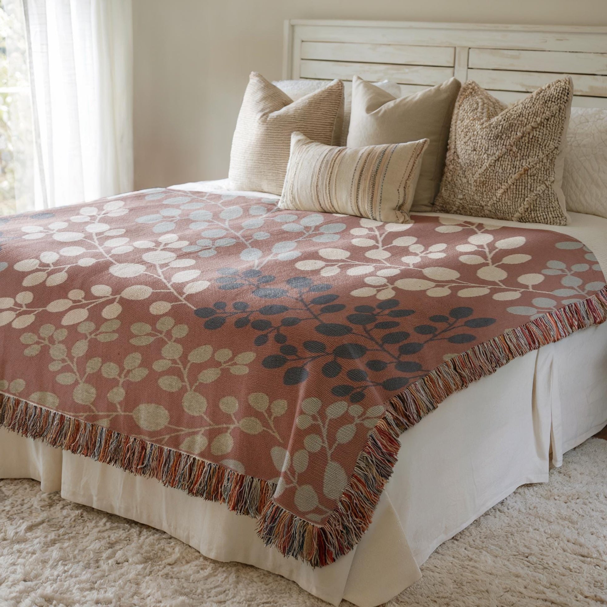 Woven Floral Blanket - Japanese Style Throw With Fringed Edges | Minimalist Home Decor