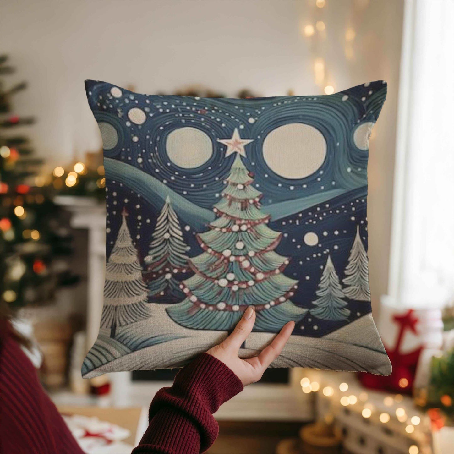 Christmas Throw Pillow - Handwoven Folk Art Cushion with Forest Landscape Design - timelessbohochic.com