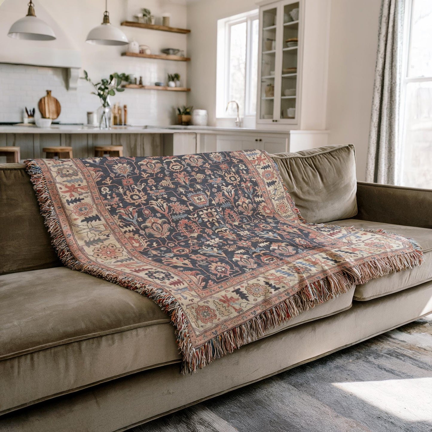 Anatolian Inspired woven blanket with geometric pattern styled for layered home decor