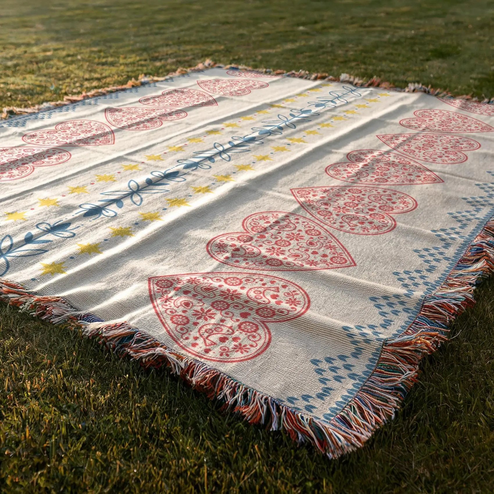 Cotton Woven Blanket – Swedish Scandi Heart Throw with Nordic Star Design