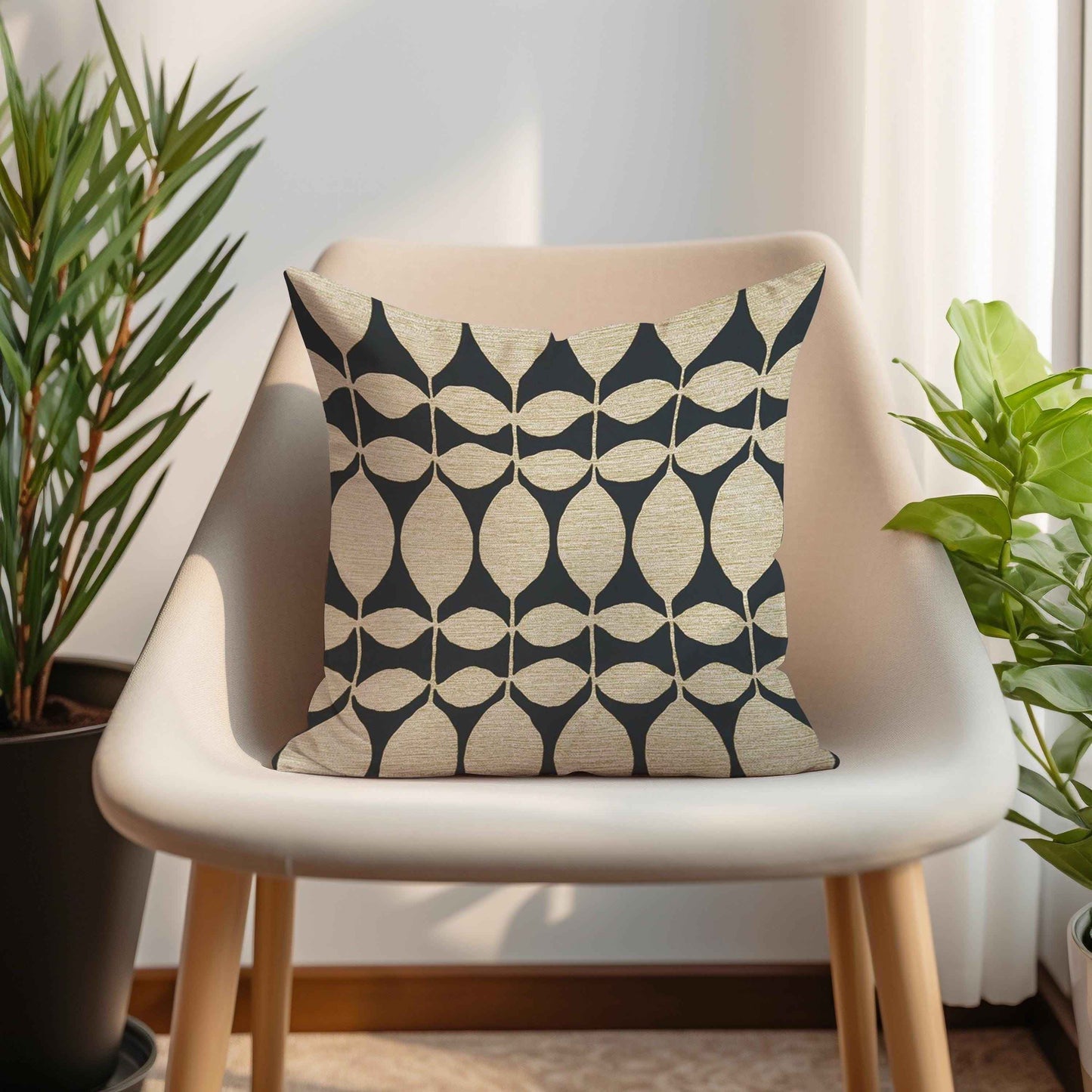 Scandinavian Inspired pillow cover with geometric pattern styled on a sofa or bed