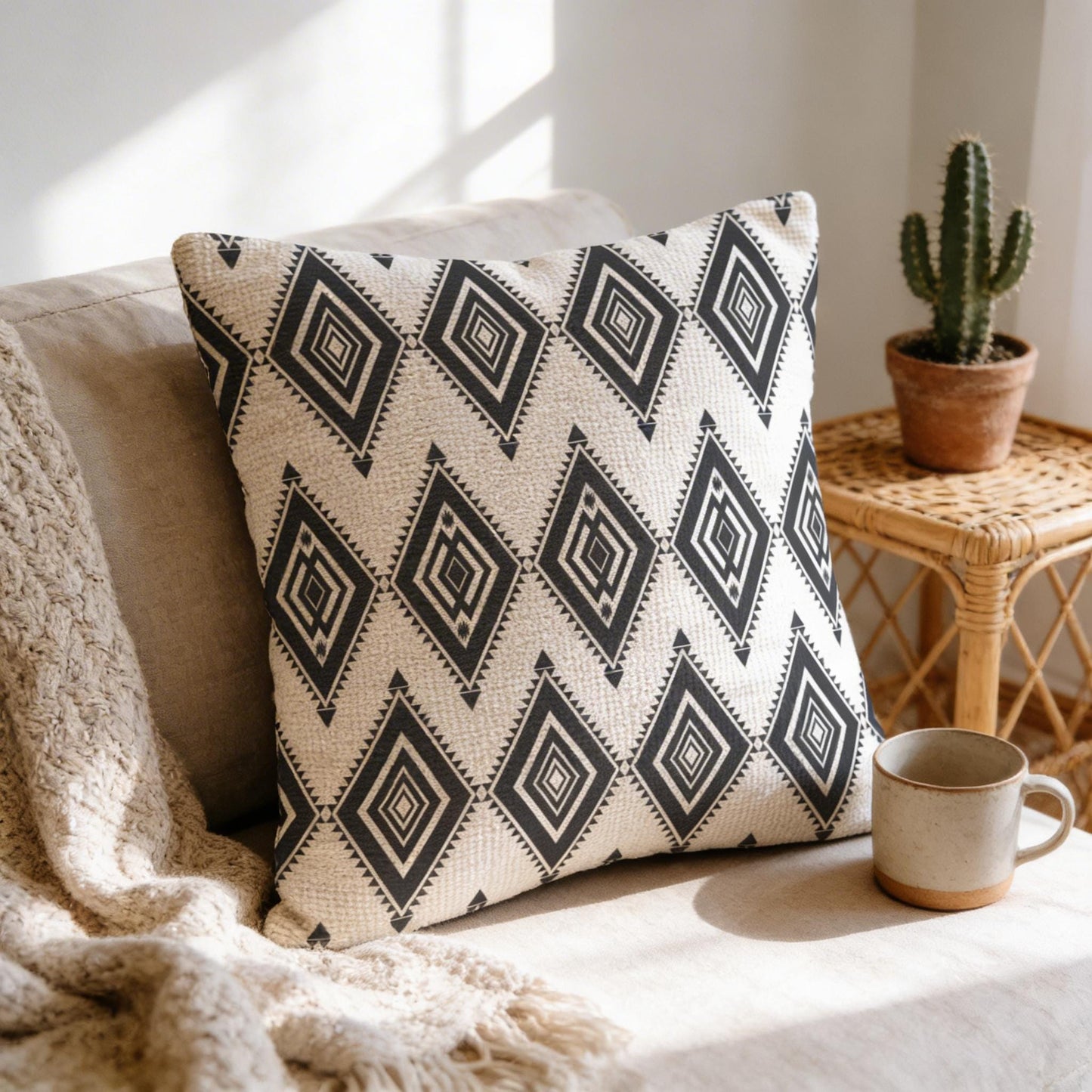 Southwestern throw pillow with geometric pattern styled on a sofa or bed