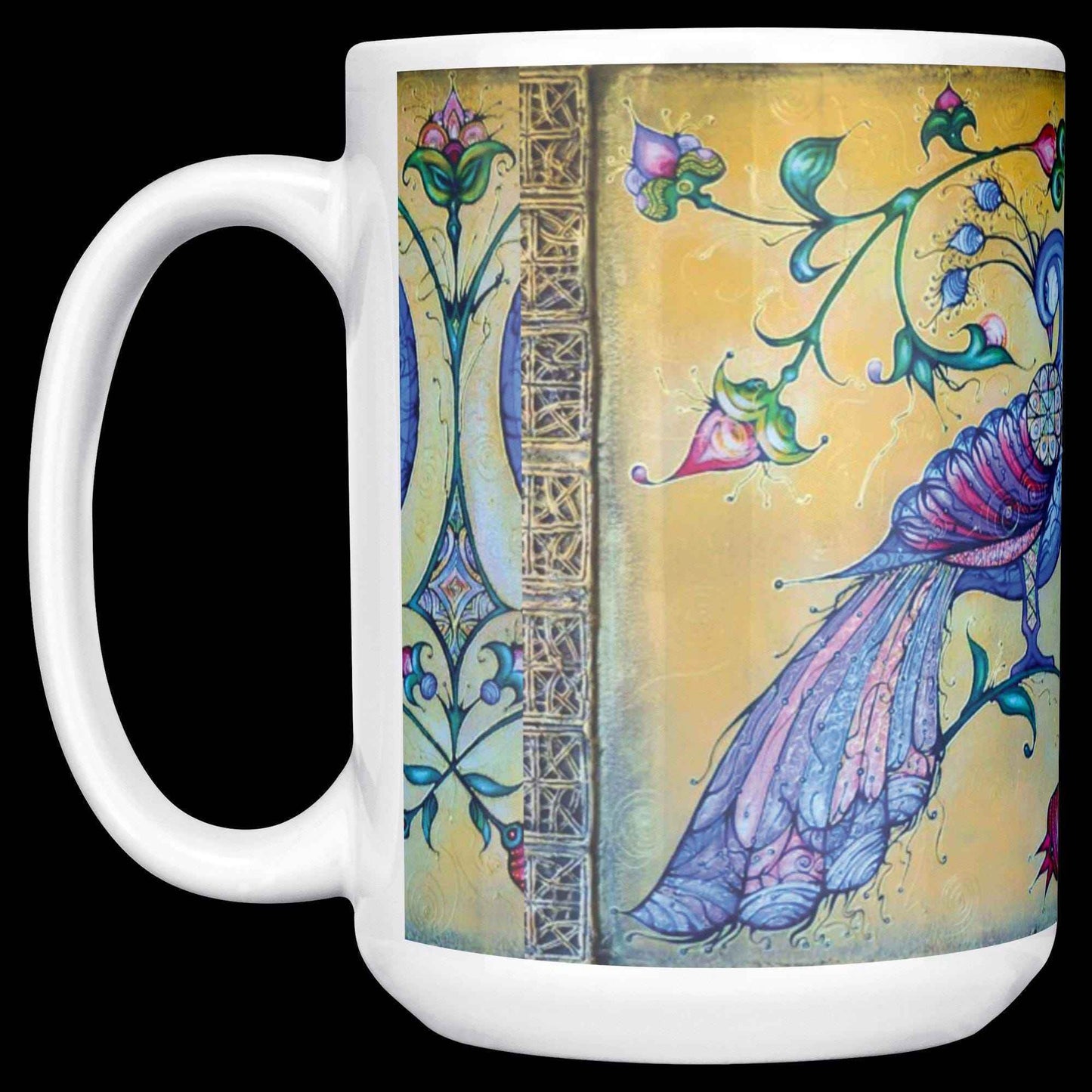 Armenian Birds Mug - Handpainted Ceramic Cup 11oz with Gold Accent Featuring Blue Bird Art - timelessbohochic.com