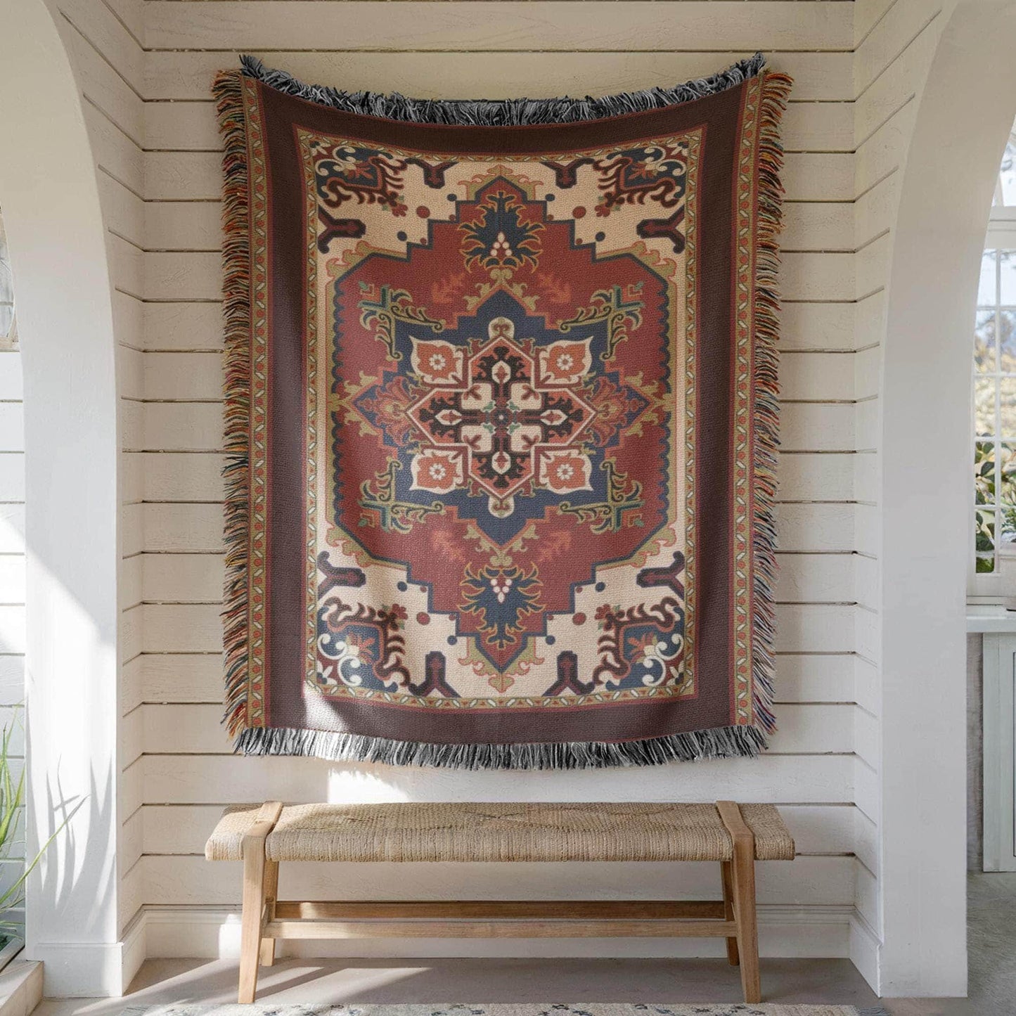 Moroccan Inspired woven wall tapestry with rug-style pattern styled as textile wall decor