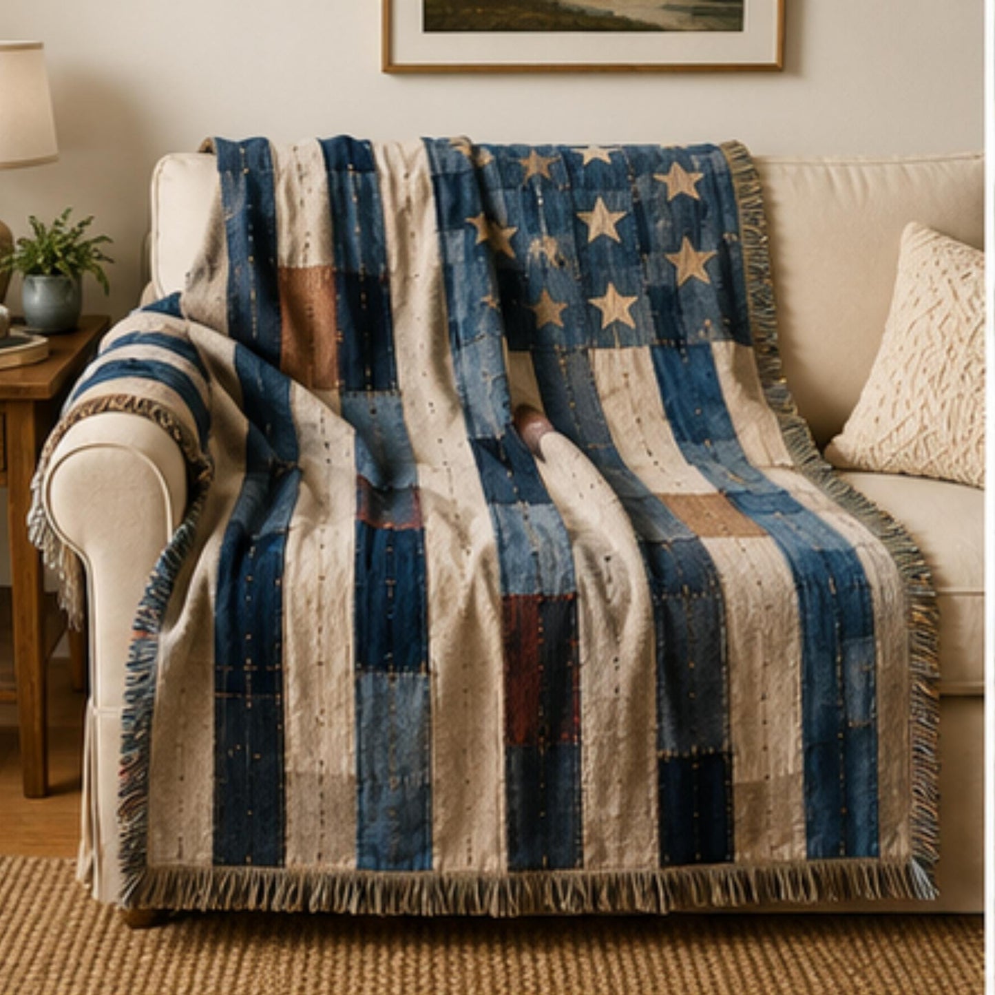 Southwestern outdoor woven throw blanket with geometric pattern for patio styling