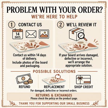 Order problem card: contact us within 14 days with photos for a refund, replacement or shop credit