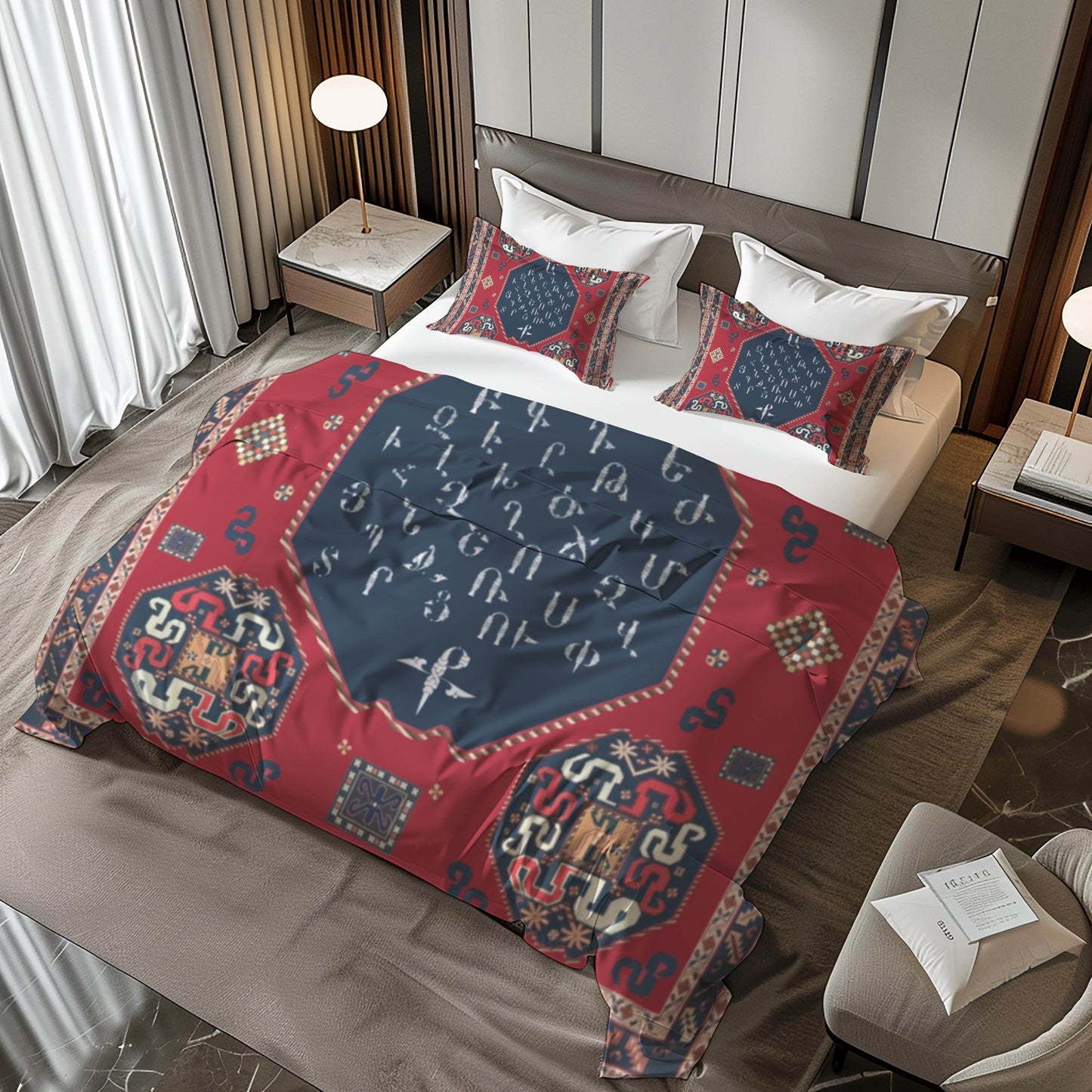 Armenian Alphabet Duvet - Personalized Traditional Bedding Set With Haykakan Ethnic Pattern - timelessbohochic.com