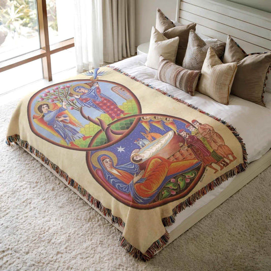 Armenian Nativity Throw Blanket – Large Cotton Cozy Holiday Throw with Colorful Tapestry - timelessbohochic.com