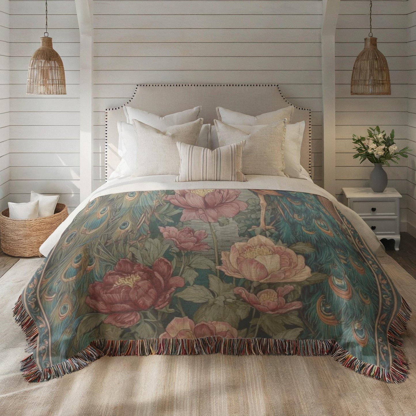 Modern Geometric woven blanket with geometric pattern styled for layered home decor