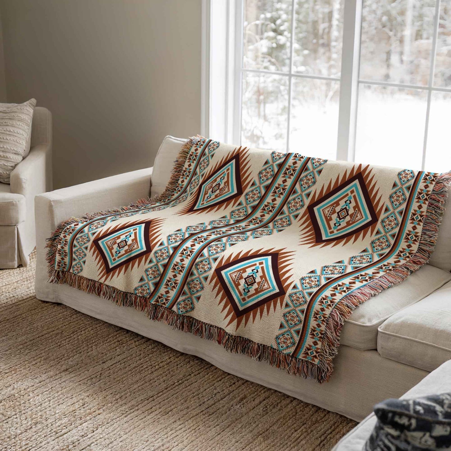 Southwestern woven blanket with geometric pattern styled for layered home decor