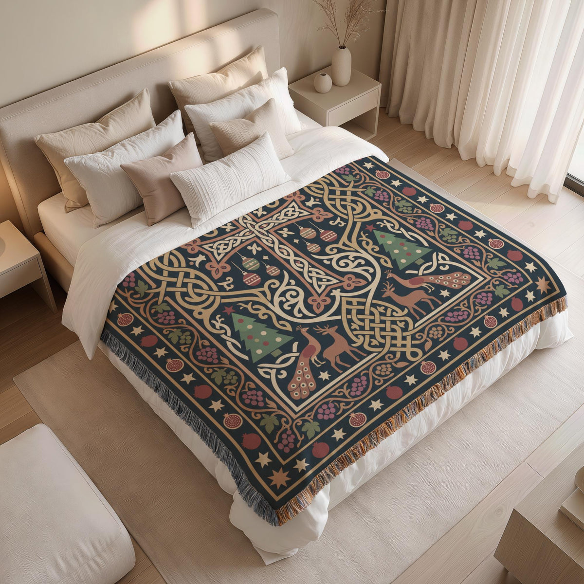 a bedroom with a large bed covered in a colorful, patterned blanket featuring a design of deer and trees. The bed is surrounded by white pillows and a white headboard. The room has a minimalist and modern design, with a white color scheme and a wooden floor.