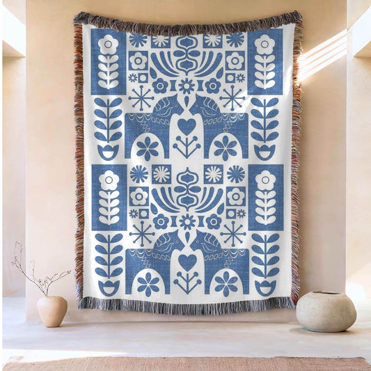 Dala Horse Throw Blanket – Blue Cotton Scandinavian Throw for Cozy Home Decor - timelessbohochic.com