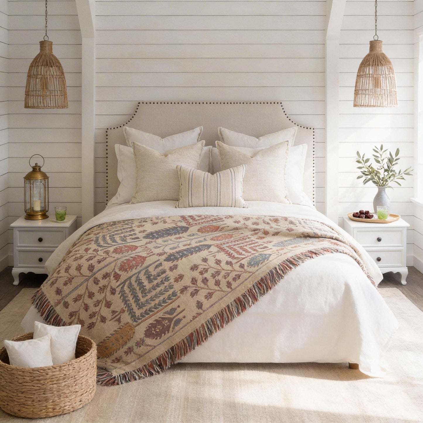 Anatolian Inspired woven blanket with rug-style pattern styled for layered home decor
