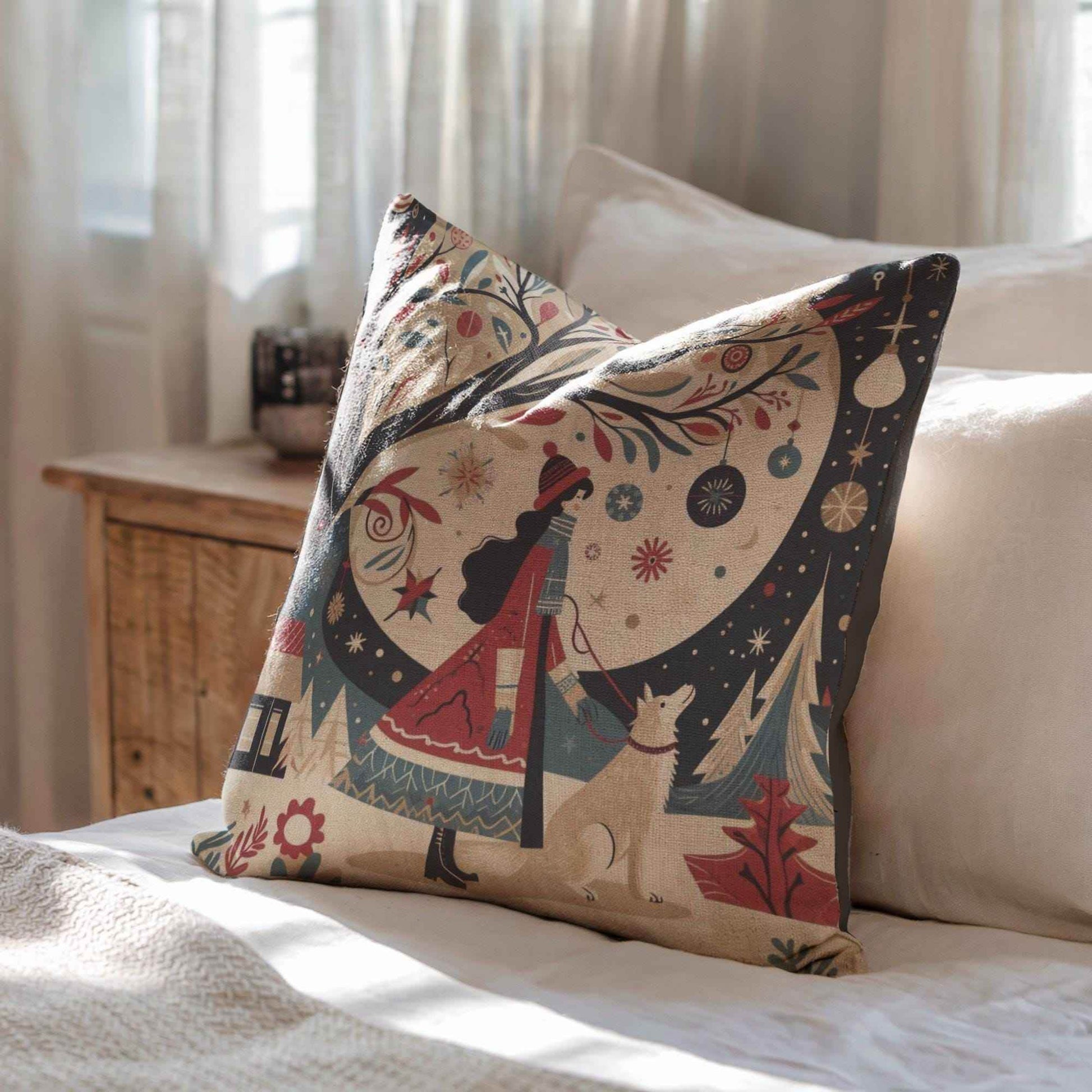 Woven Christmas Pillow - Cozy Seasonal Cushion with Lady & Dog Design | Festive Home Decor - timelessbohochic.com