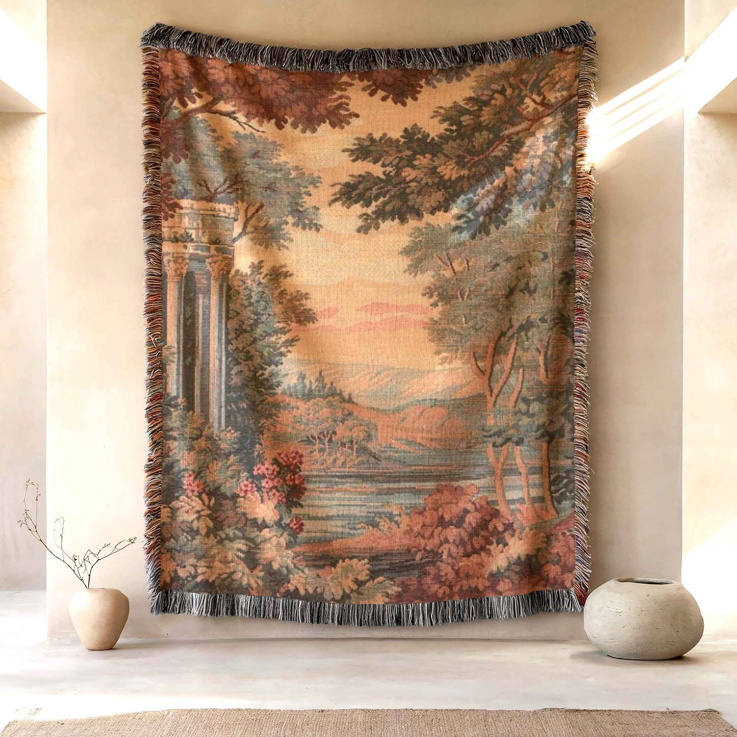 Modern Geometric woven blanket with geometric pattern styled for layered home decor