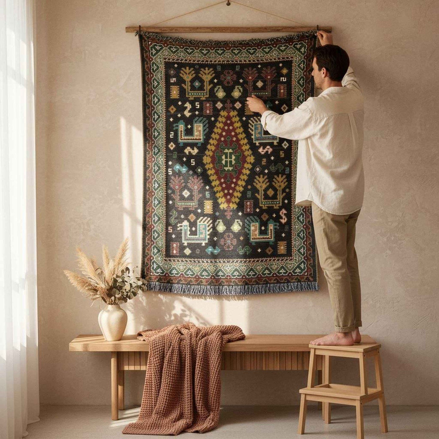 Caucasian Rug Inspired woven wall tapestry with geometric pattern styled as textile wall decor
