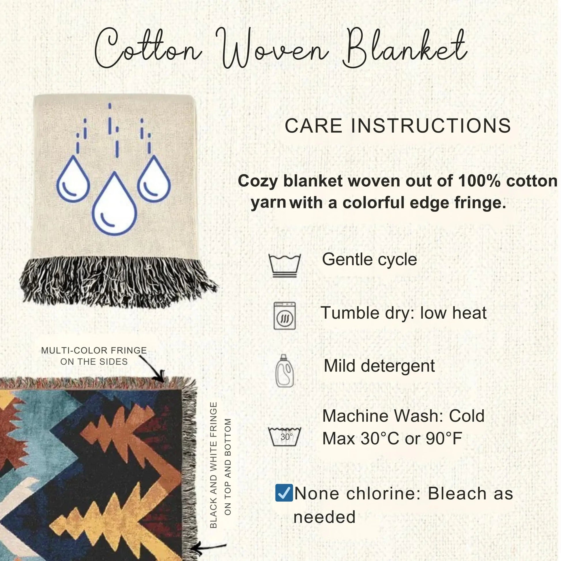 Scandi Cotton Blanket - Cozy Scandinavian Throw with Dala Horse & Bird Pattern, Fringe Edge