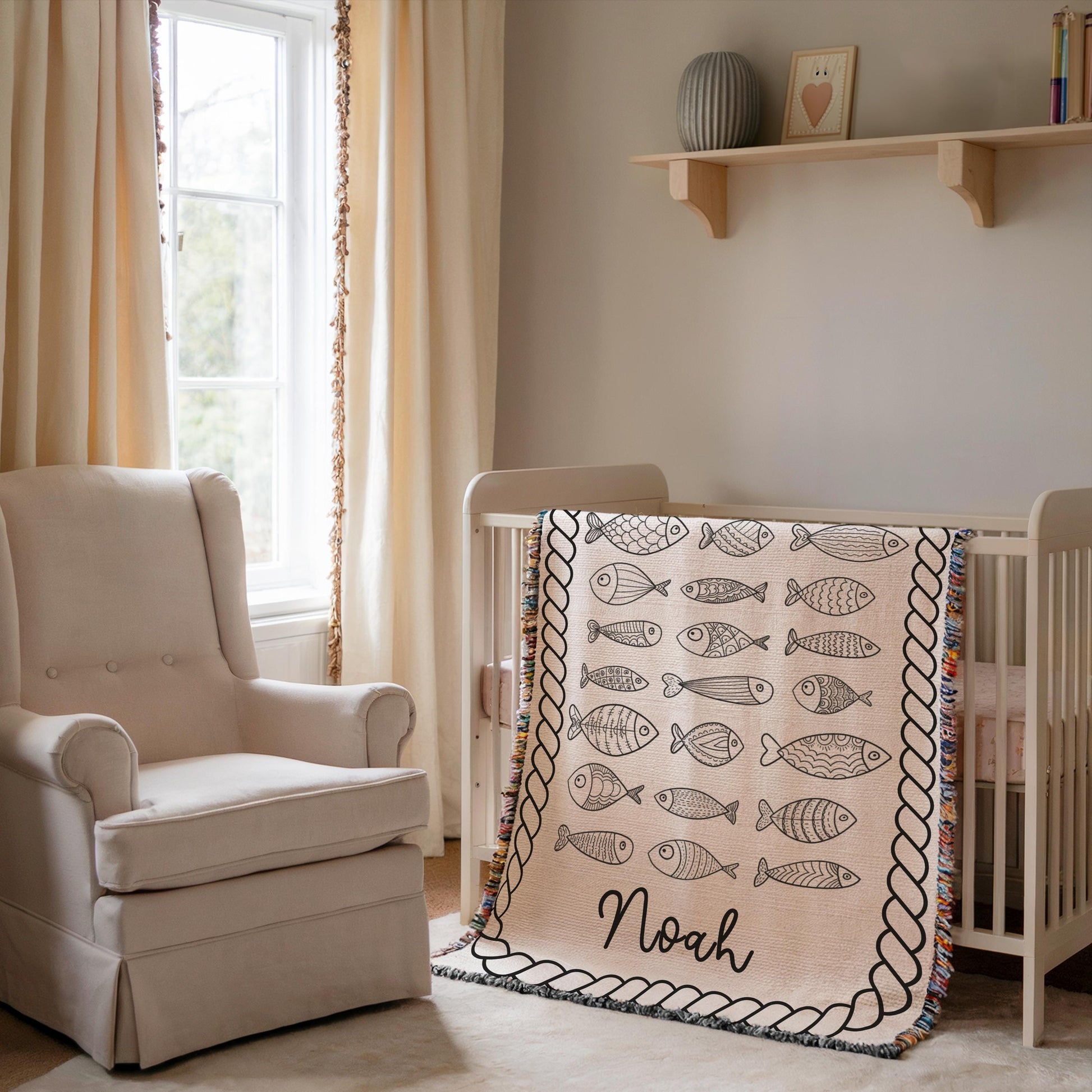 Personalized Baby Fish Blanket – Custom Name Cotton Nursery Decor, Ocean Theme