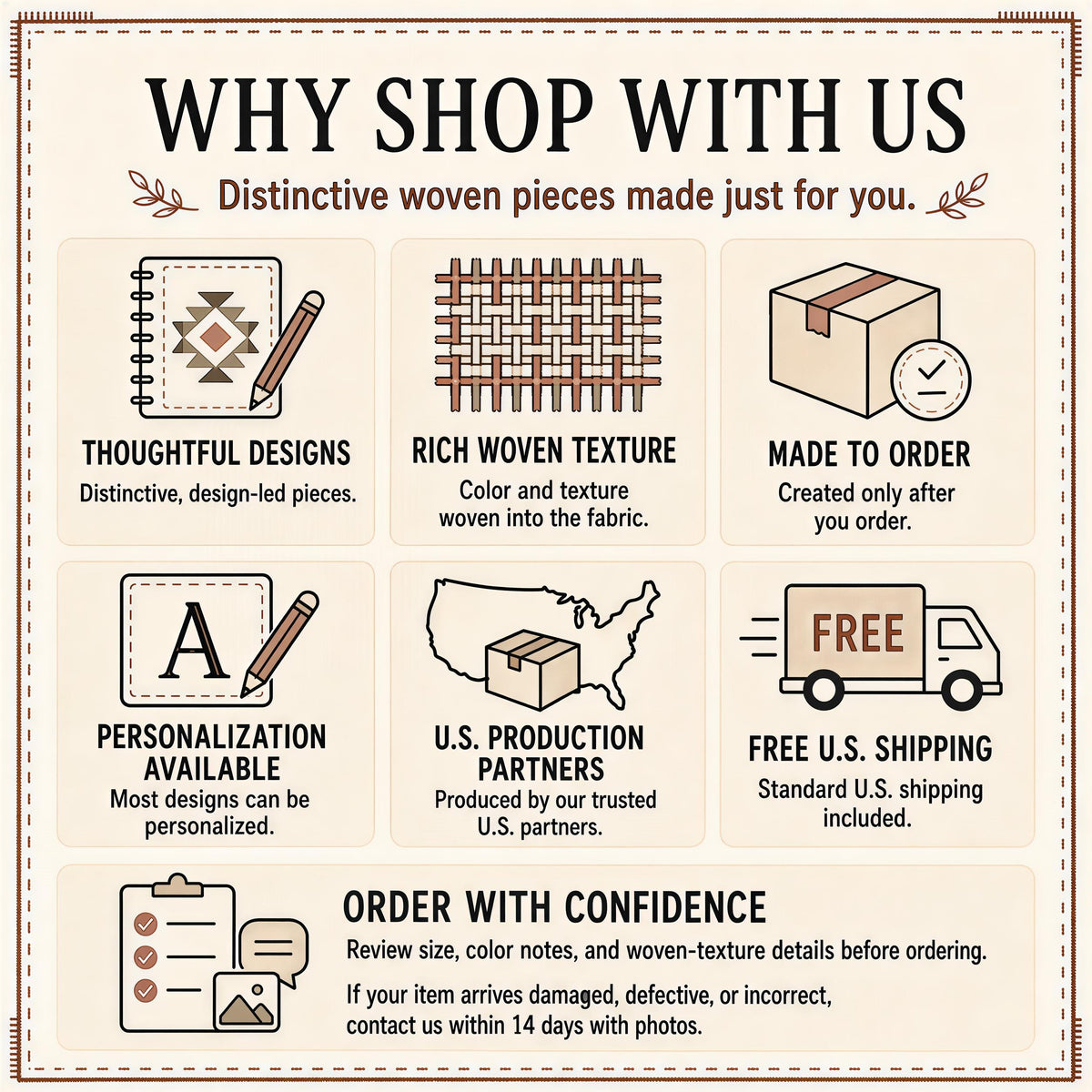Why shop with us card: made to order, personalization, U.S. production partners, free U.S. shipping