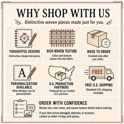 Why shop with us card: made to order, personalization, U.S. production partners, free U.S. shipping