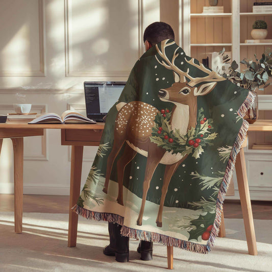 Christmas Woven Blanket – Cozy Cotton Throw With Festive Reindeer & Woodland Creatures - timelessbohochic.com