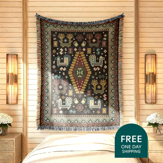 Caucasian Rug Wall Hanging – Ethnic Boho Wall Art | Soft Cotton Blanket Throw