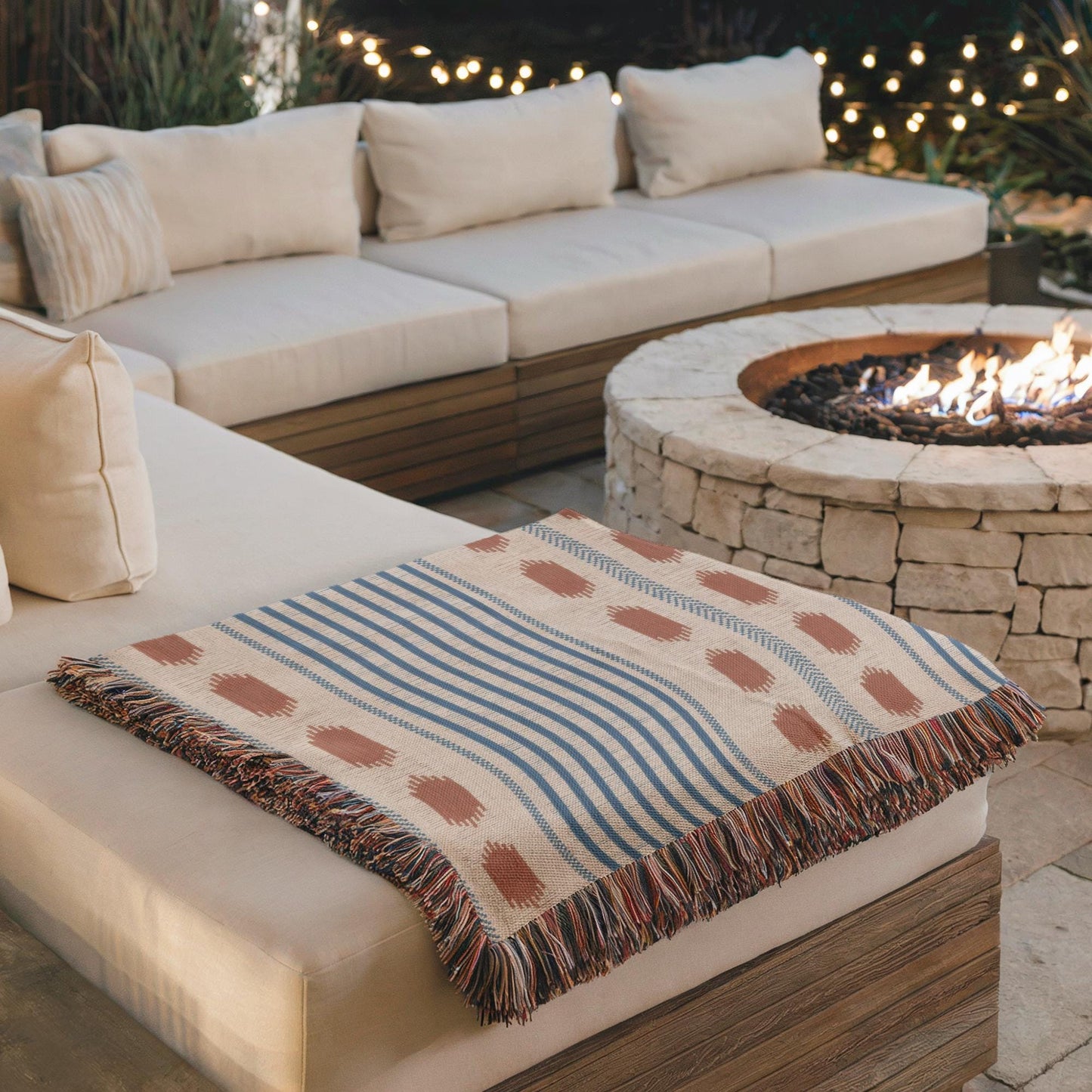 Modern Geometric outdoor woven throw blanket with geometric pattern for patio styling