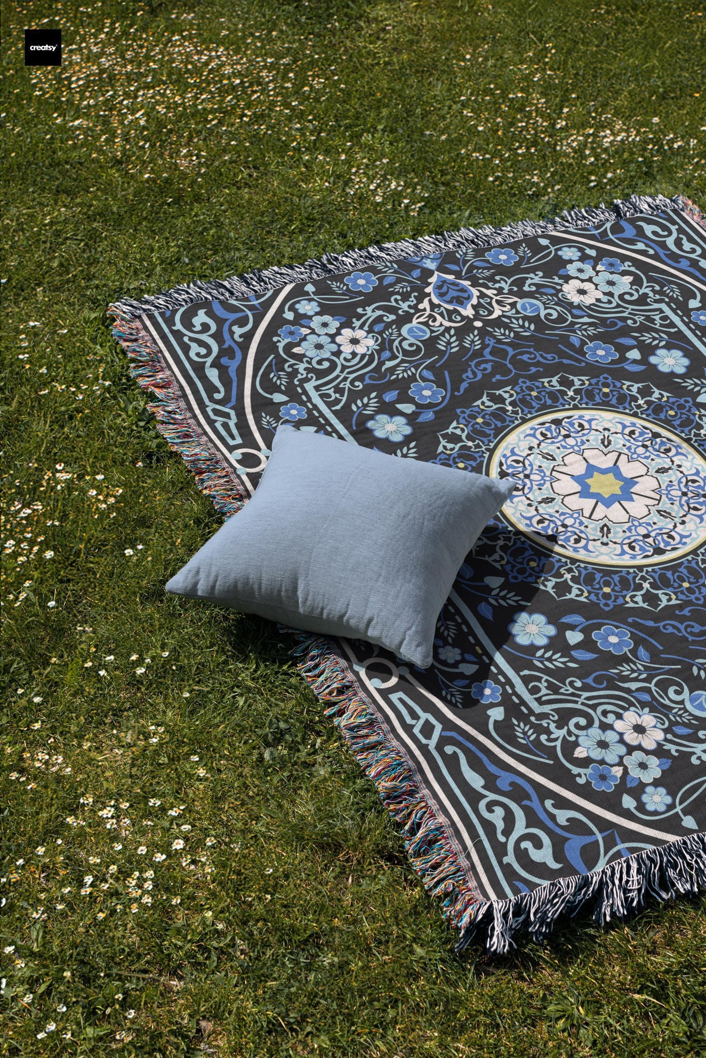 Anatolian Inspired woven blanket with rug-style pattern styled for layered home decor