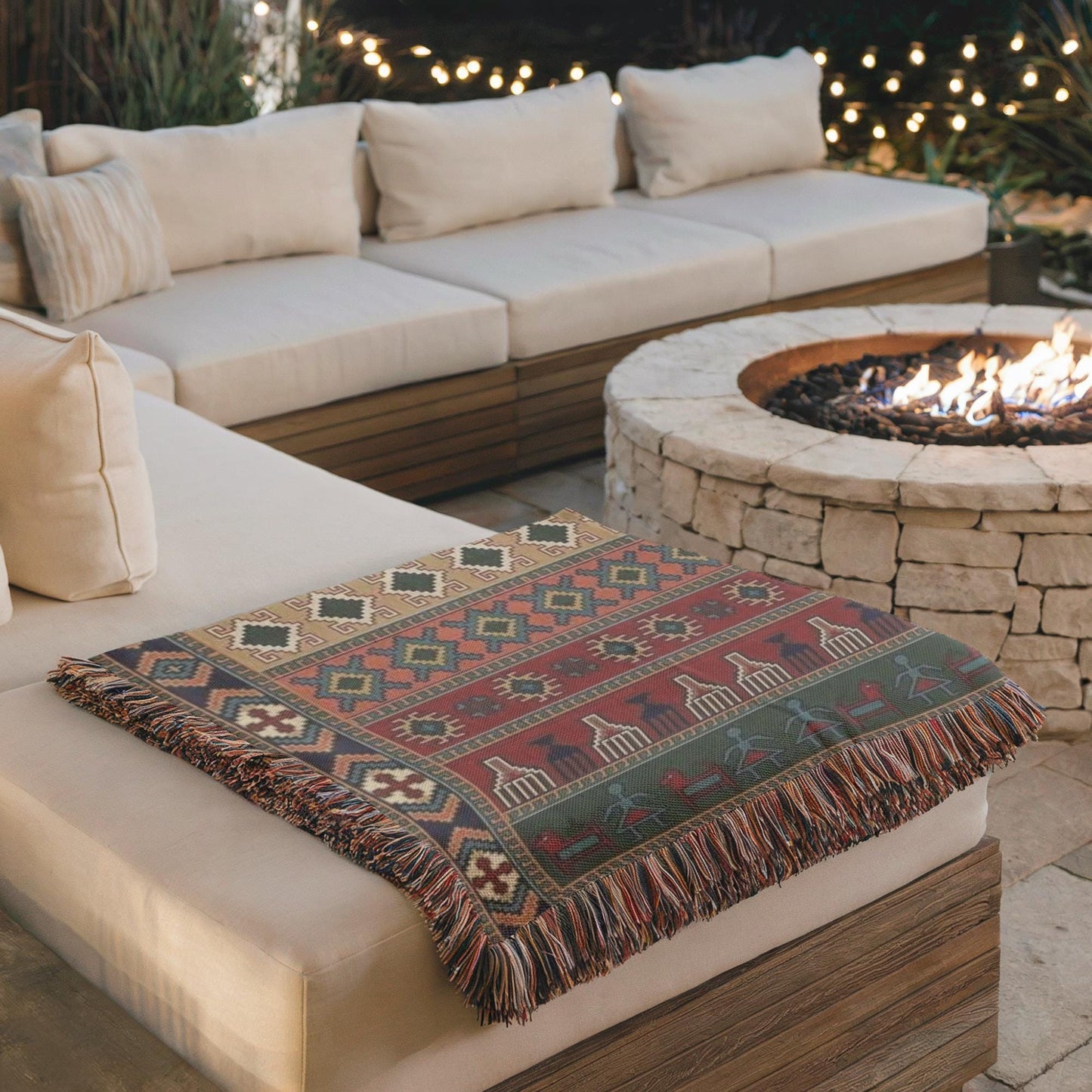 Southwestern woven wall tapestry with geometric pattern styled as textile wall decor
