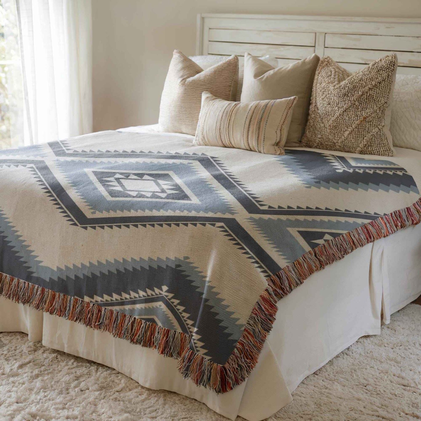 Southwestern woven blanket with geometric pattern styled for layered home decor