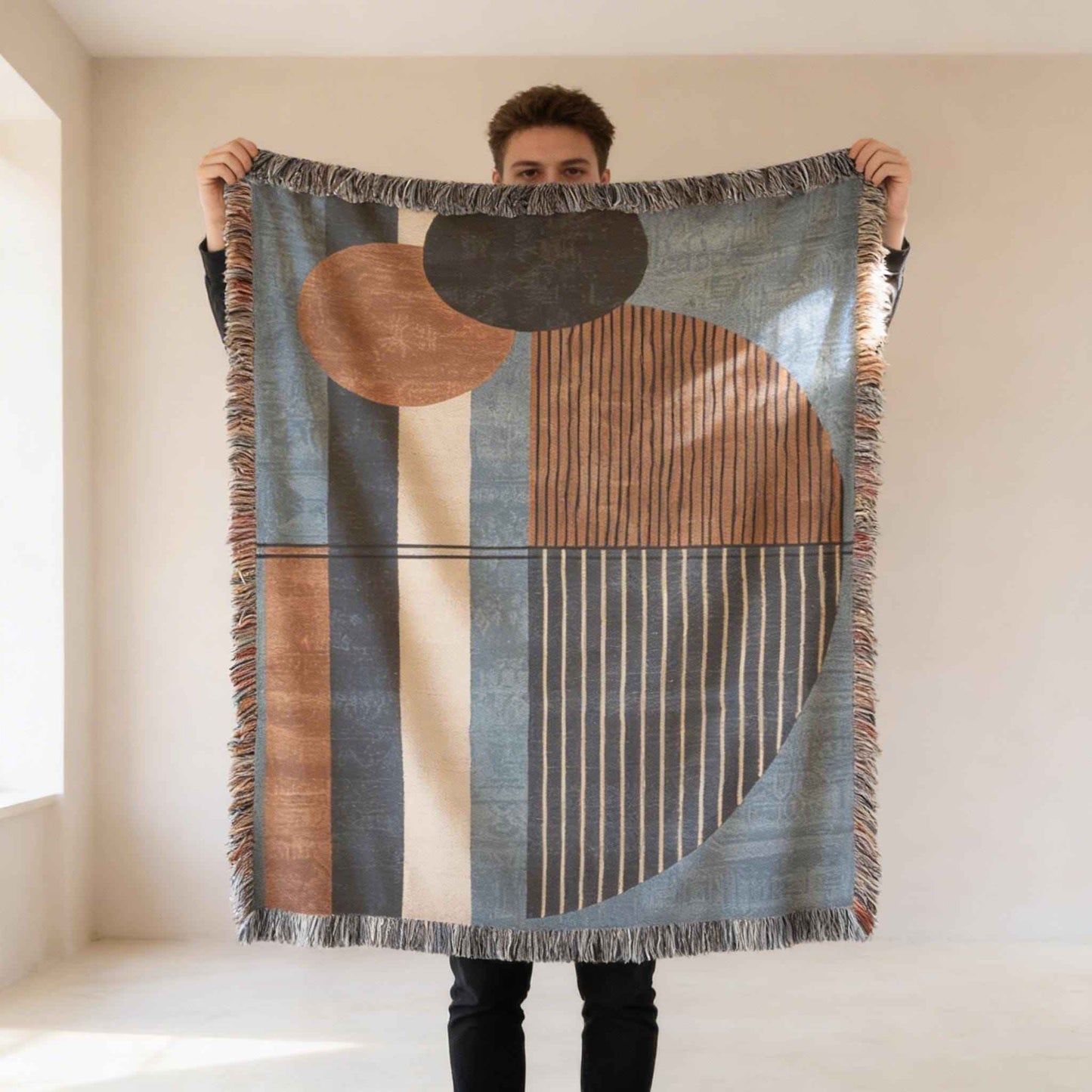 Modern Geometric woven blanket with geometric pattern styled for layered home decor
