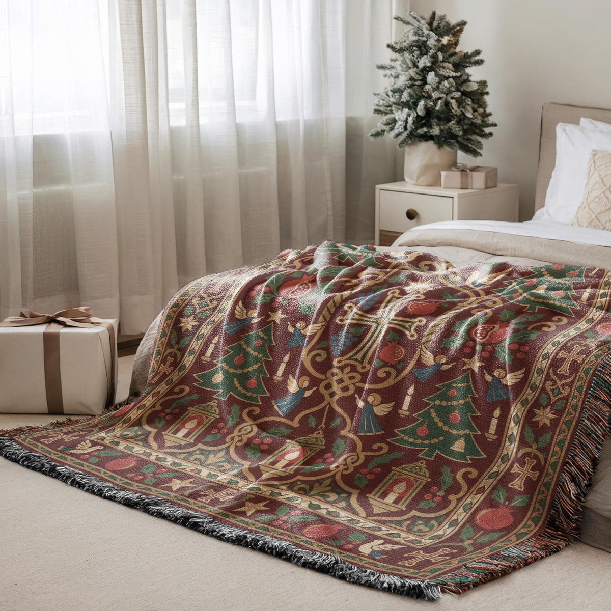 Armenian Christmas tree blanket in a bedroom beside a Christmas tree and a wrapped gift