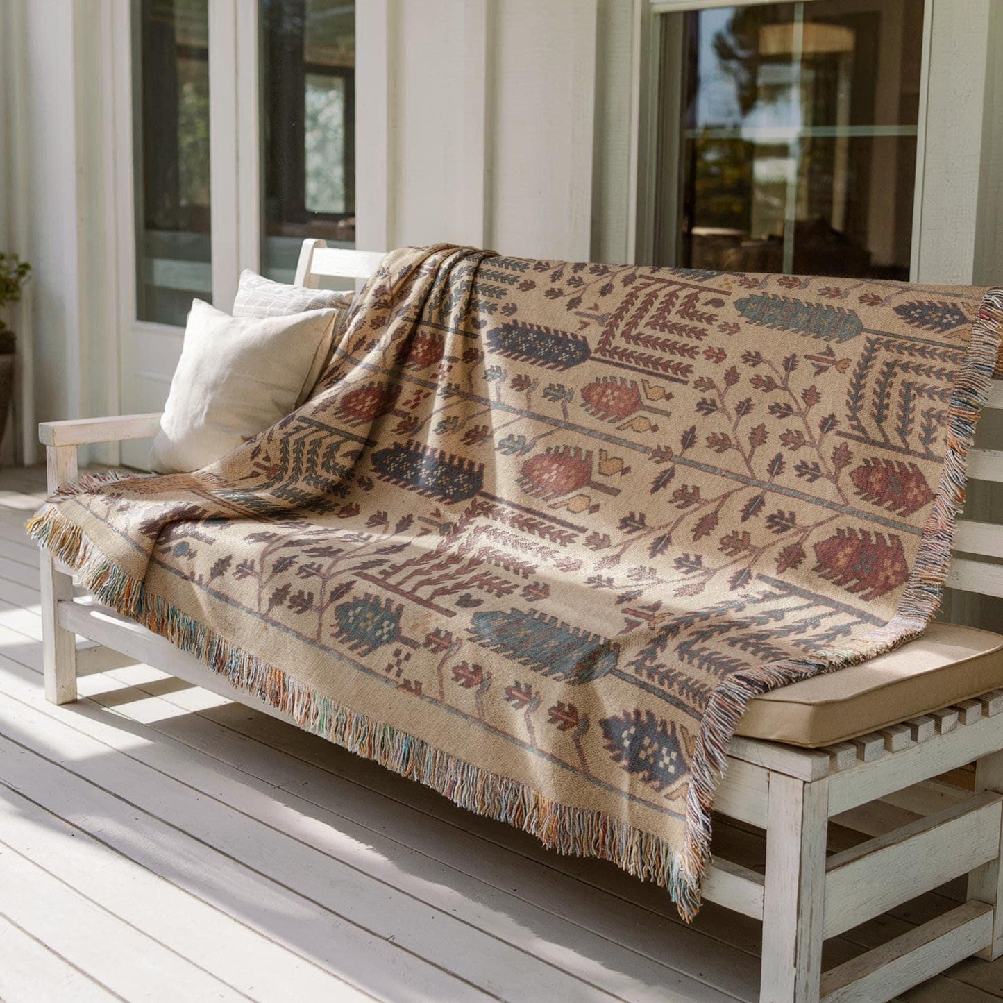 Caucasian Rug Inspired woven wall tapestry with geometric pattern styled as textile wall decor