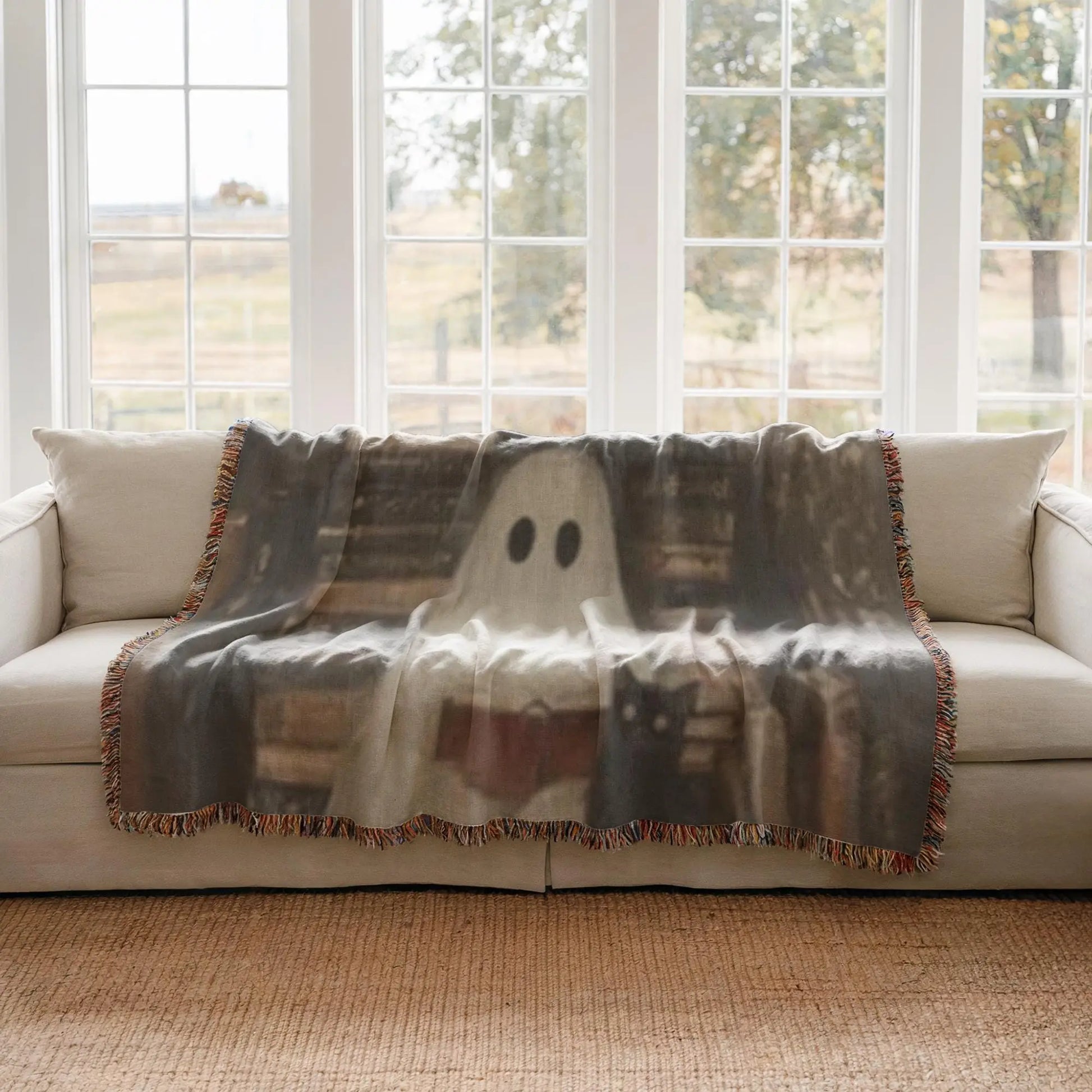 Ghost Book Blanket – Cozy Cat Throw | Soft Cotton Cover, Halloween Decor