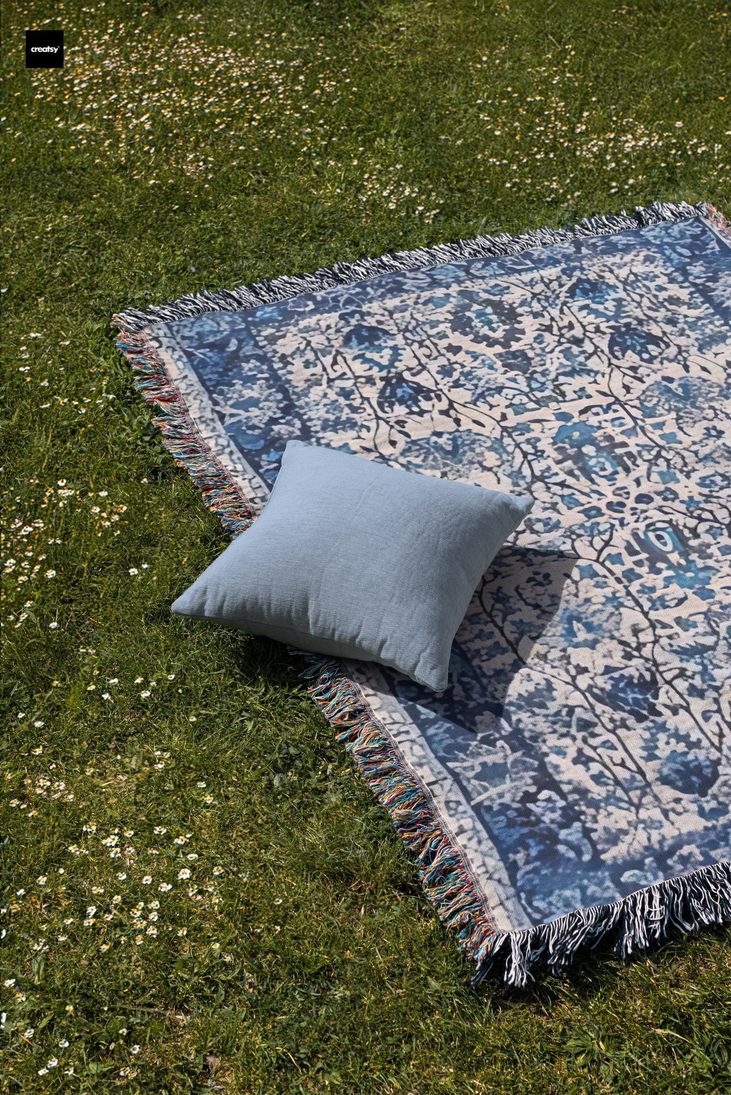 Caucasian Rug Inspired woven blanket with geometric pattern styled for layered home decor