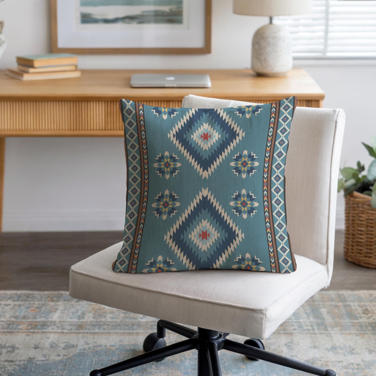 Southwestern throw pillow with geometric pattern styled on a sofa or bed
