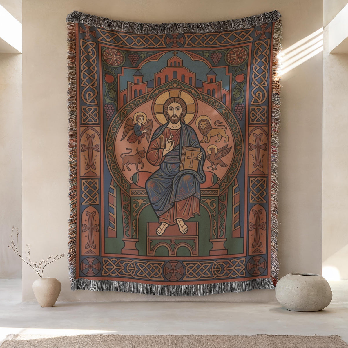 Front view of the woven Christ Pantocrator tapestry: Christ enthroned with the four Evangelist symbols