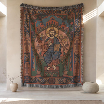 Front view of the woven Christ Pantocrator tapestry: Christ enthroned with the four Evangelist symbols