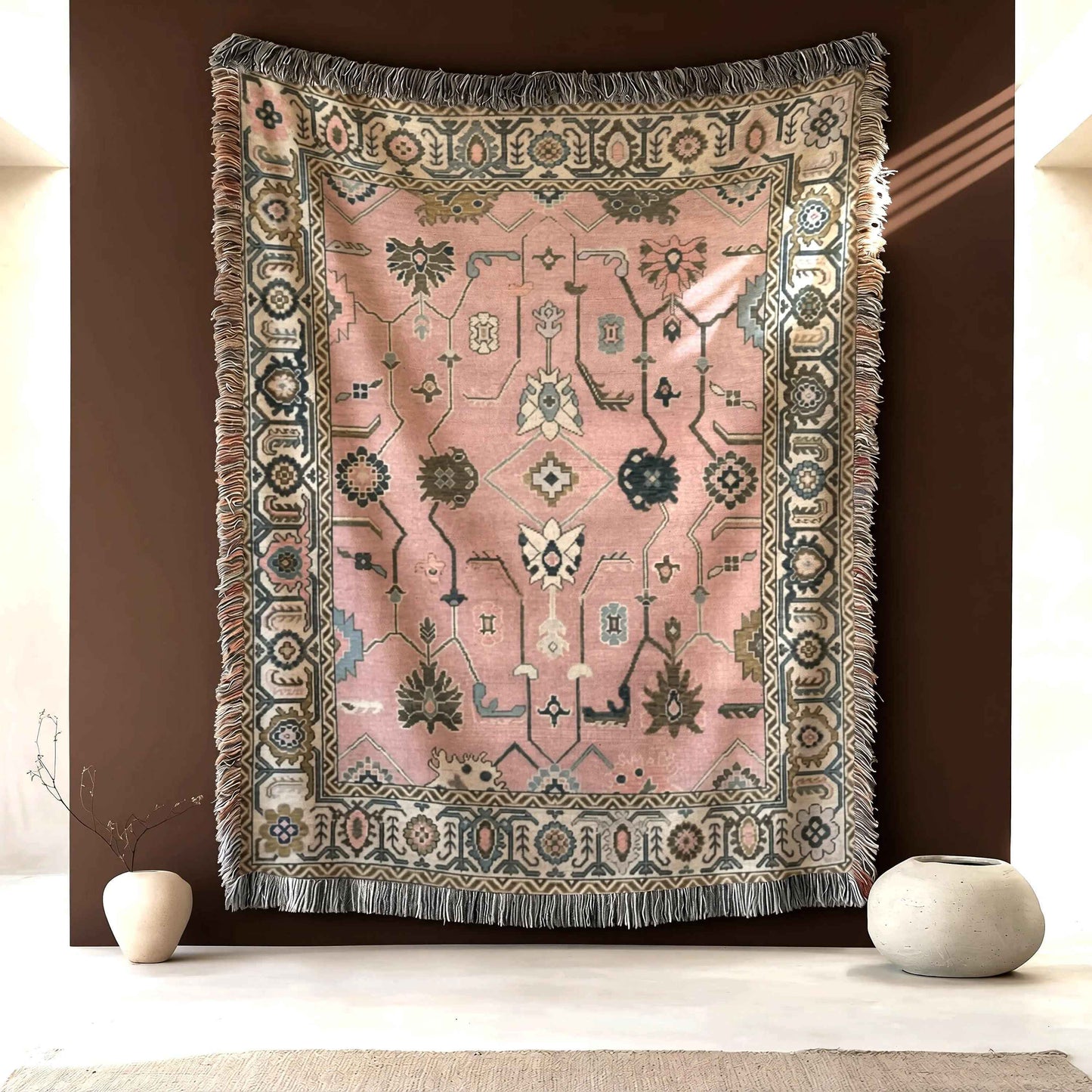 Southwestern woven wall tapestry with geometric pattern styled as textile wall decor
