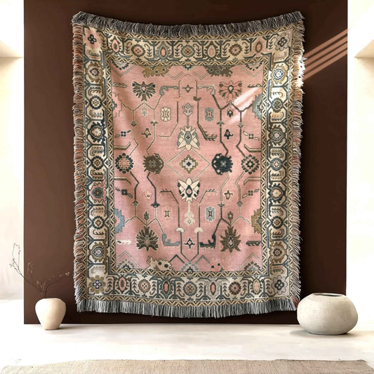 Southwestern woven wall tapestry with geometric pattern styled as textile wall decor