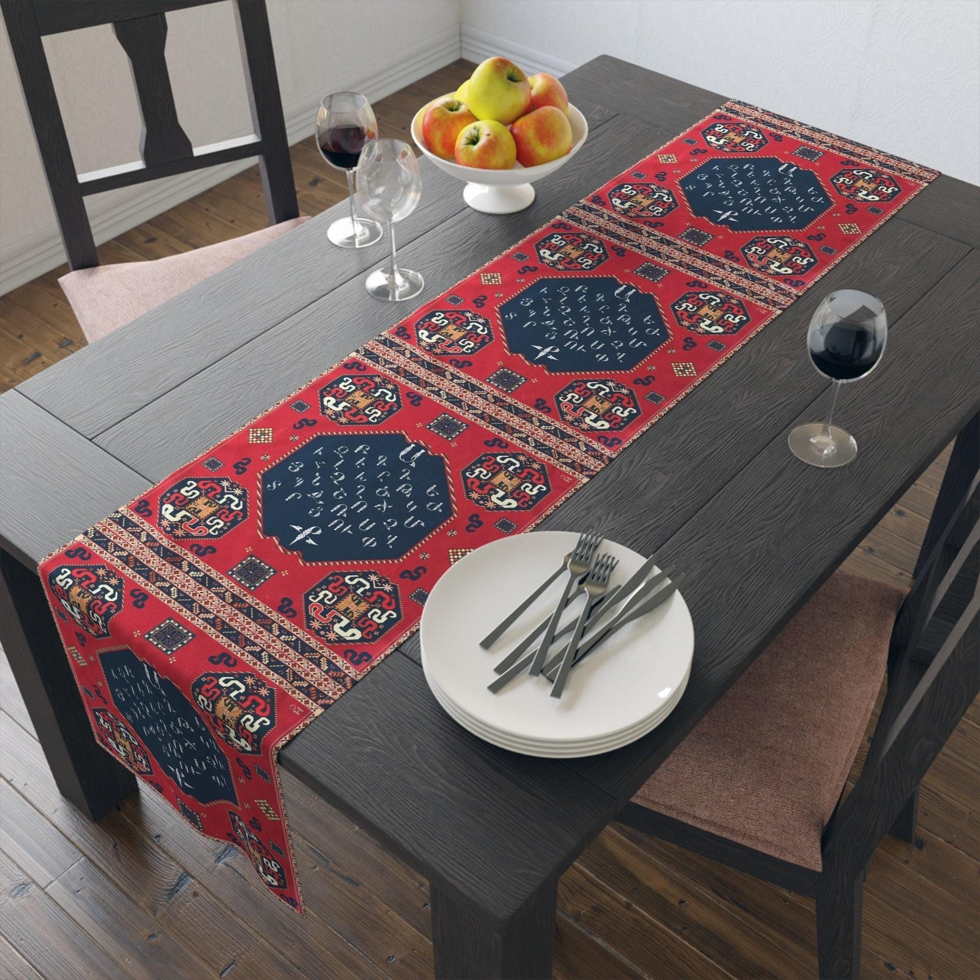 Armenian Table Runner – Cotton Boho Table Linen with Armenian Alphabet Decor