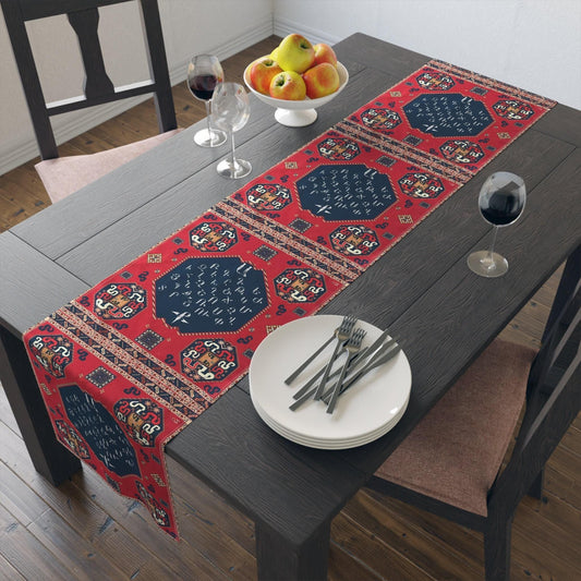 Armenian Table Runner – Cotton Boho Table Linen with Armenian Alphabet Decor