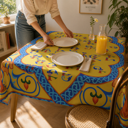 Yellow Armenian alphabet tablecloth in use, a person setting plates and juice