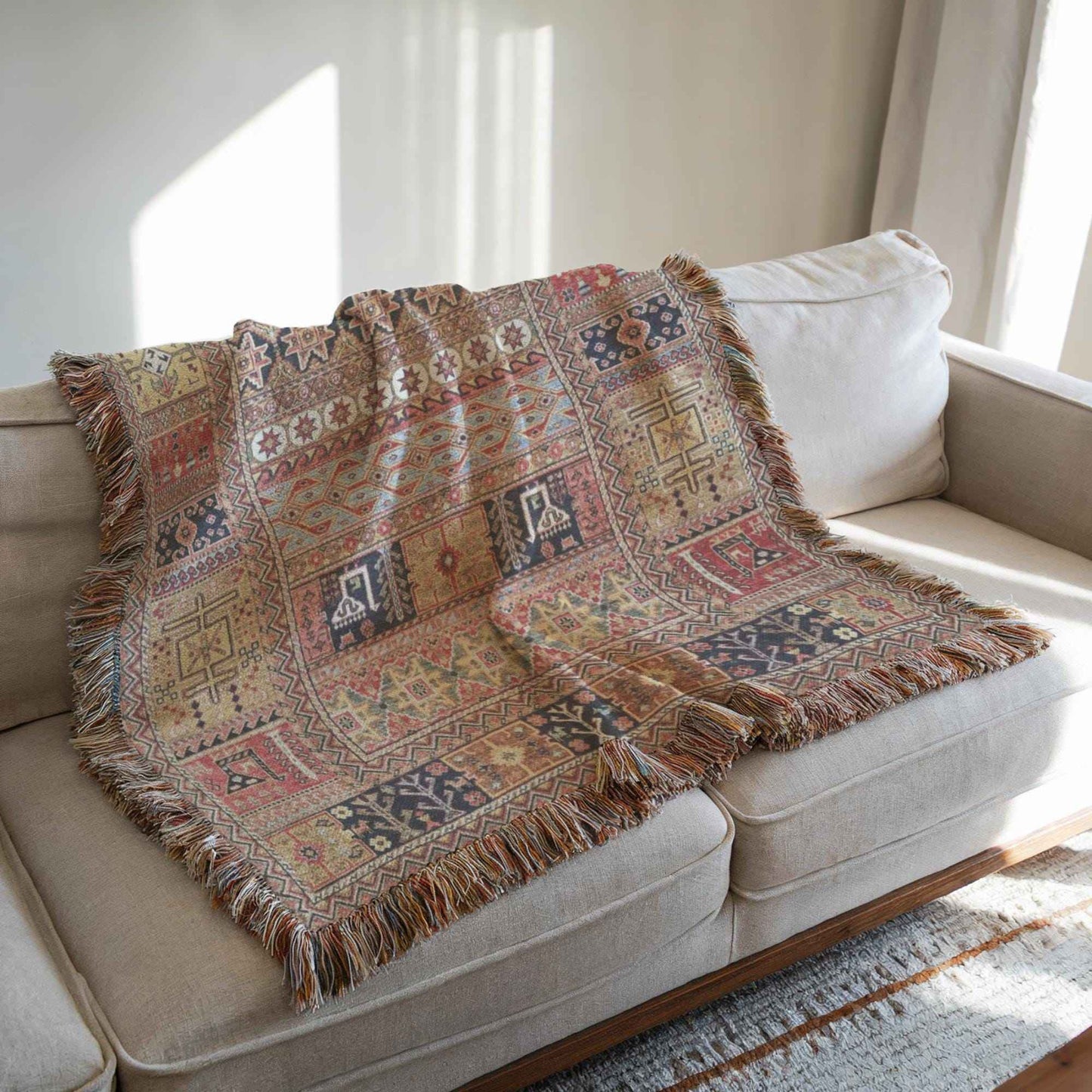 Caucasian Rug Inspired woven blanket with geometric pattern styled for layered home decor