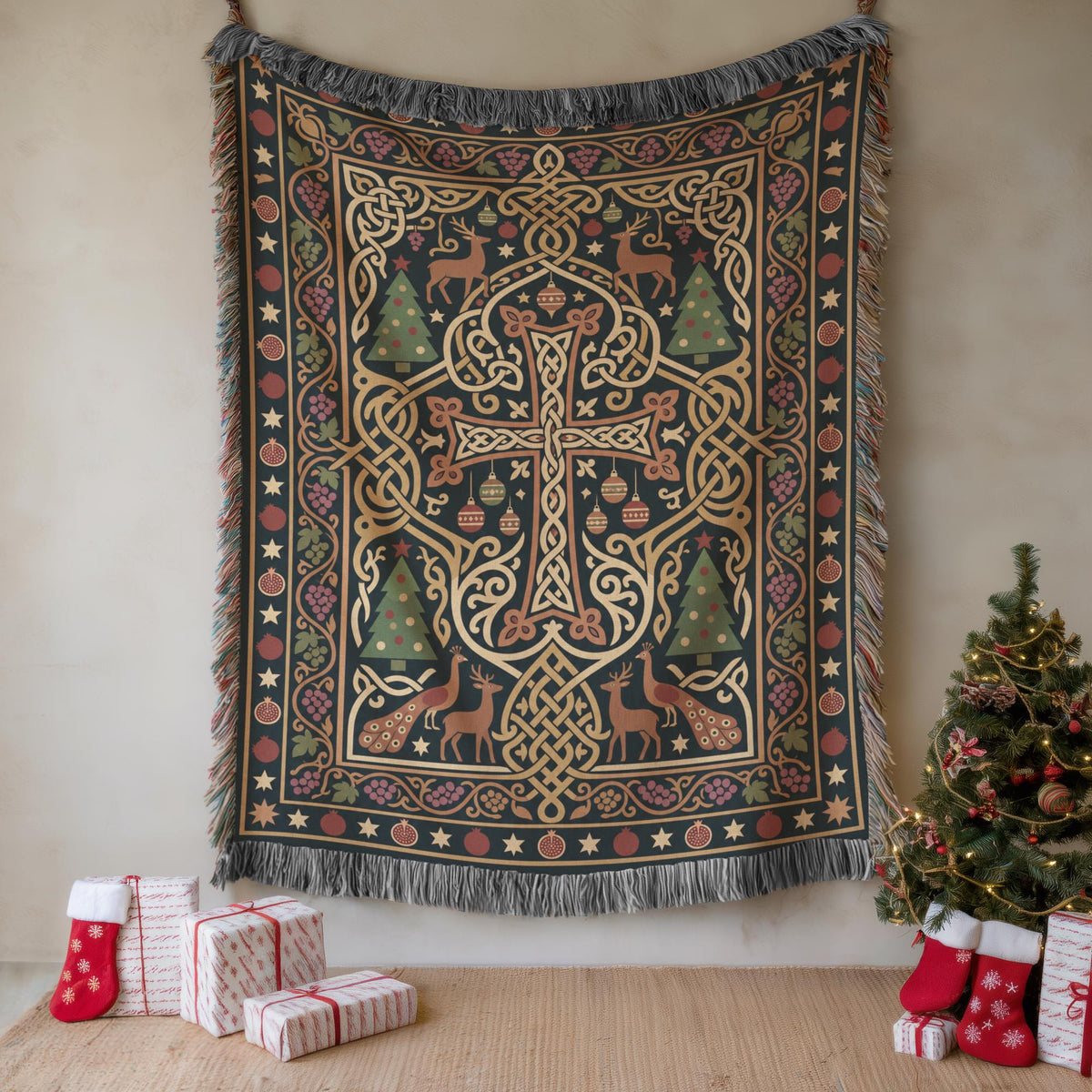 Armenian cross Christmas blanket in dark green hung on a wall beside a Christmas tree and gifts