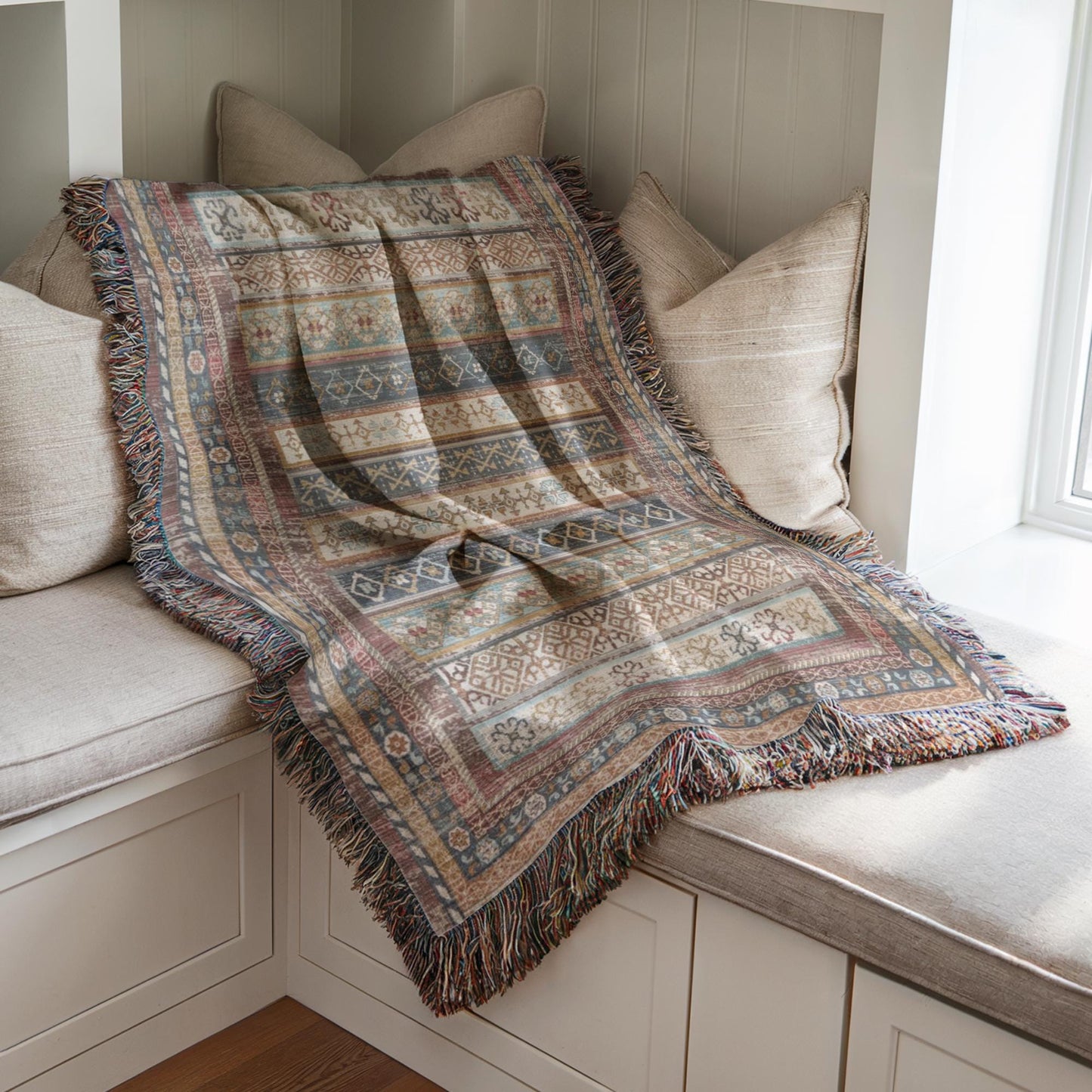 Southwestern woven blanket with geometric pattern styled for layered home decor