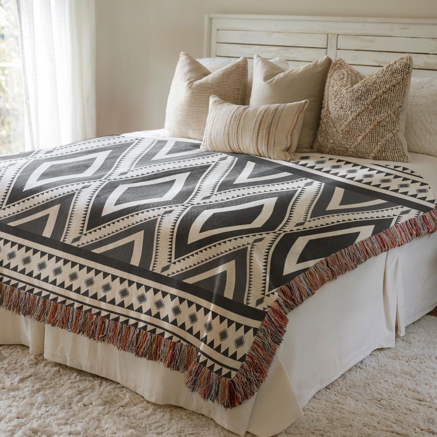 Southwestern woven blanket with geometric pattern styled for layered home decor