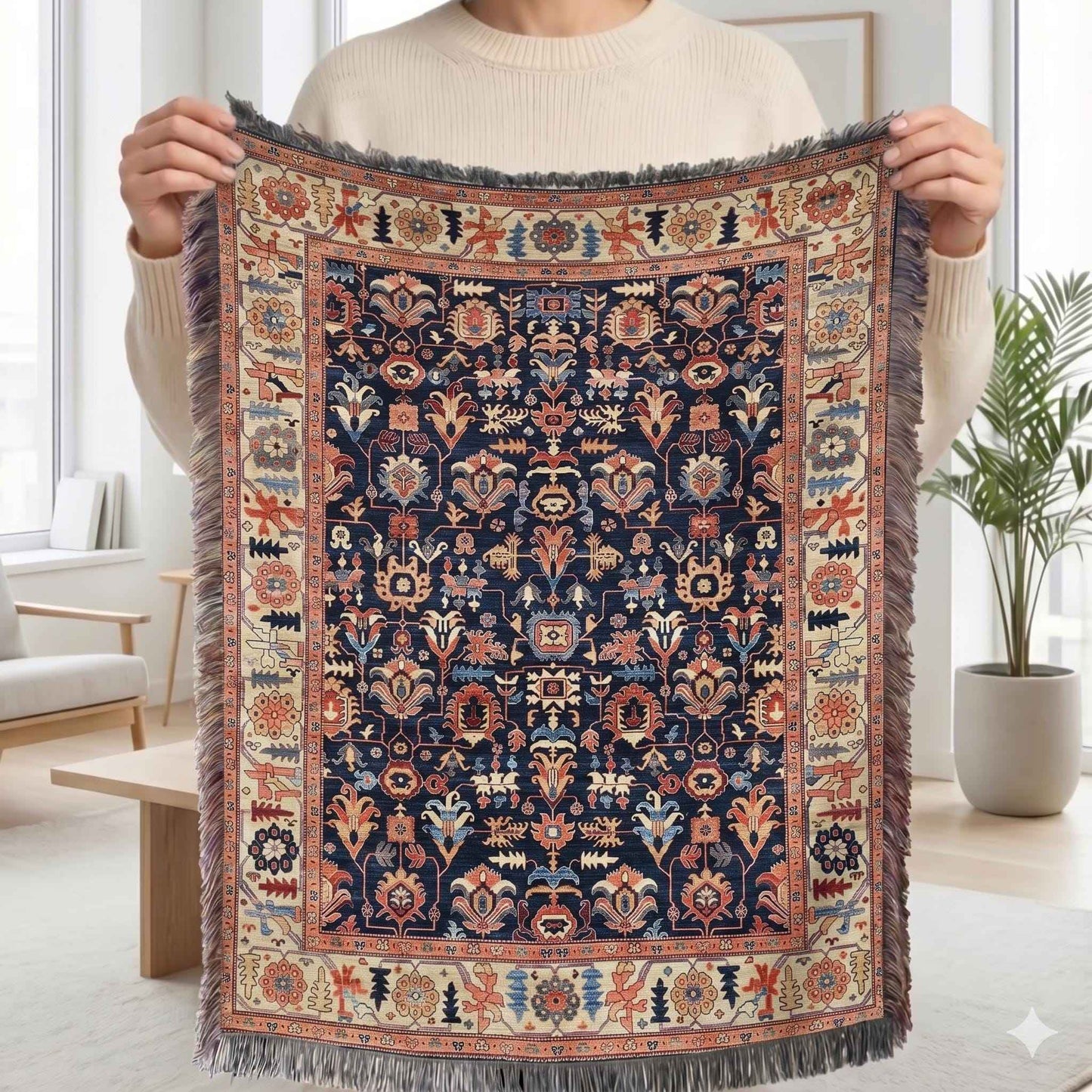 Caucasian Rug Inspired woven blanket with geometric pattern styled for layered home decor