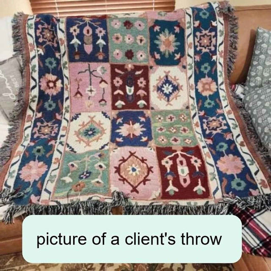 Anatolian Inspired outdoor woven throw blanket with floral pattern for patio styling