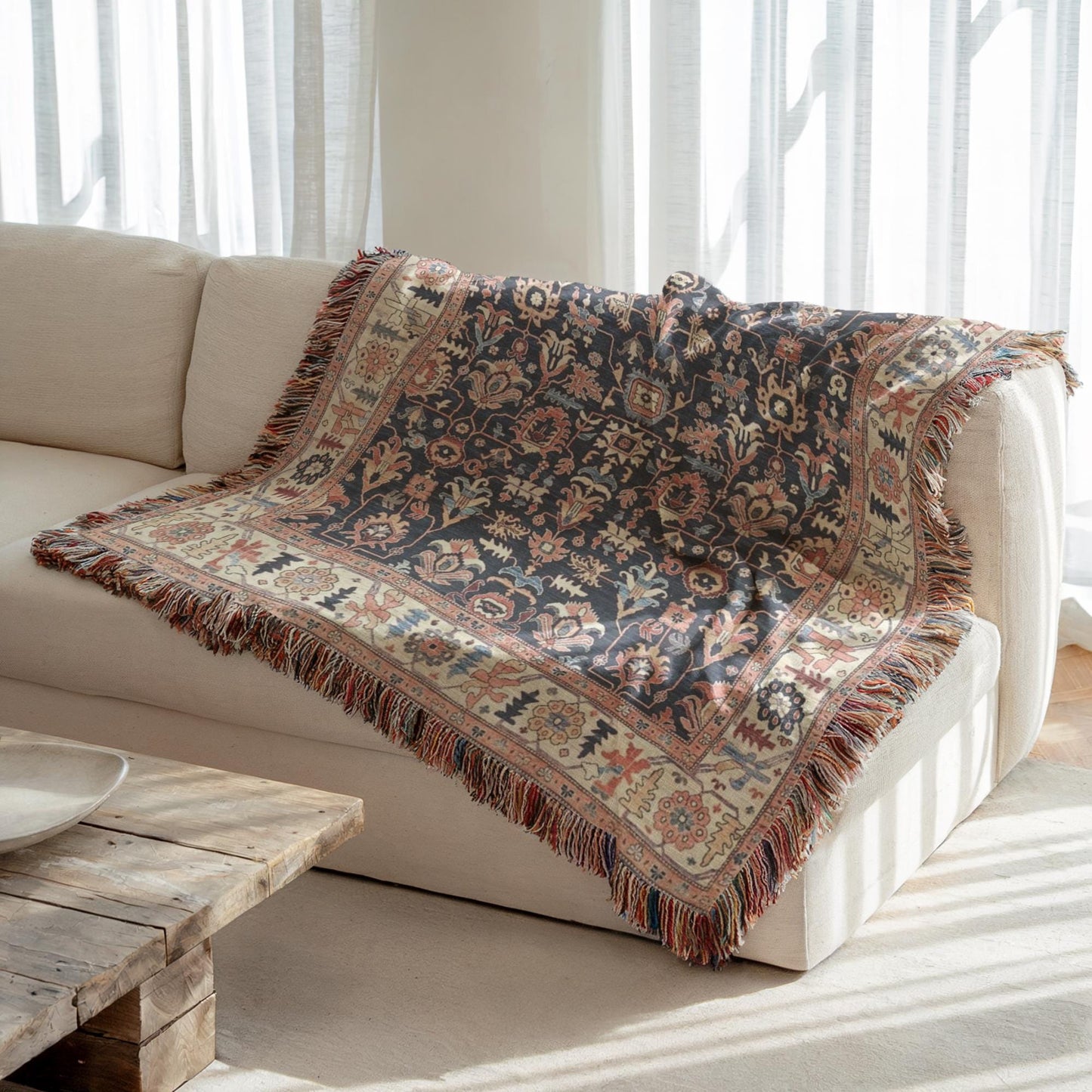Anatolian Inspired woven blanket with geometric pattern styled for layered home decor